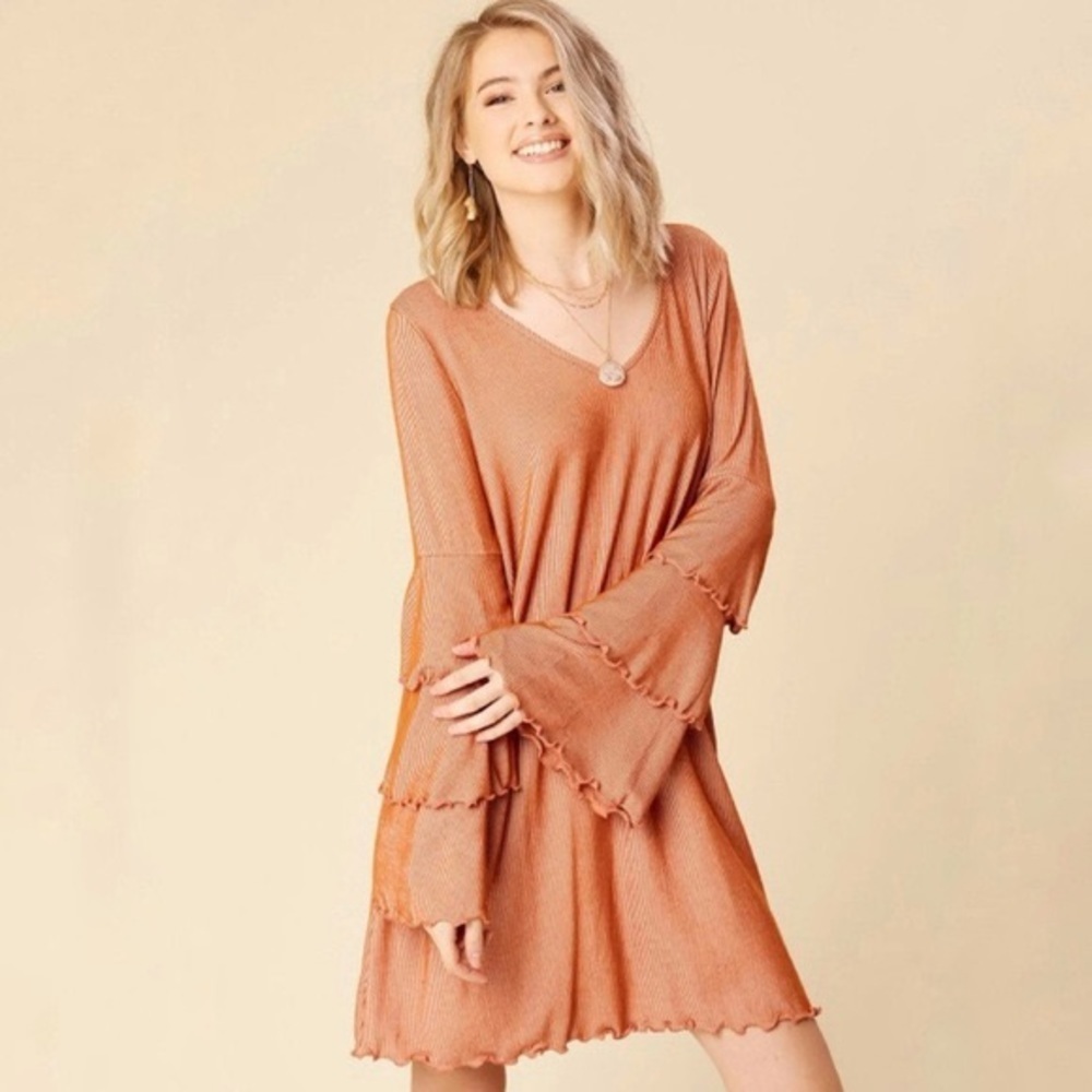 Altar’d State Women Tiered Ruffled Sleeve Burnt Orange Striped MIDI Dress Sz Sm